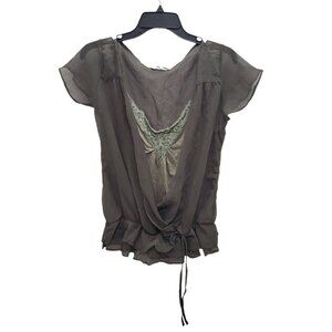 Dorothy Perkins Women's Olive Sheer Deep‎ V-neck 2 Fer Peplum Hem Top Size UK 14